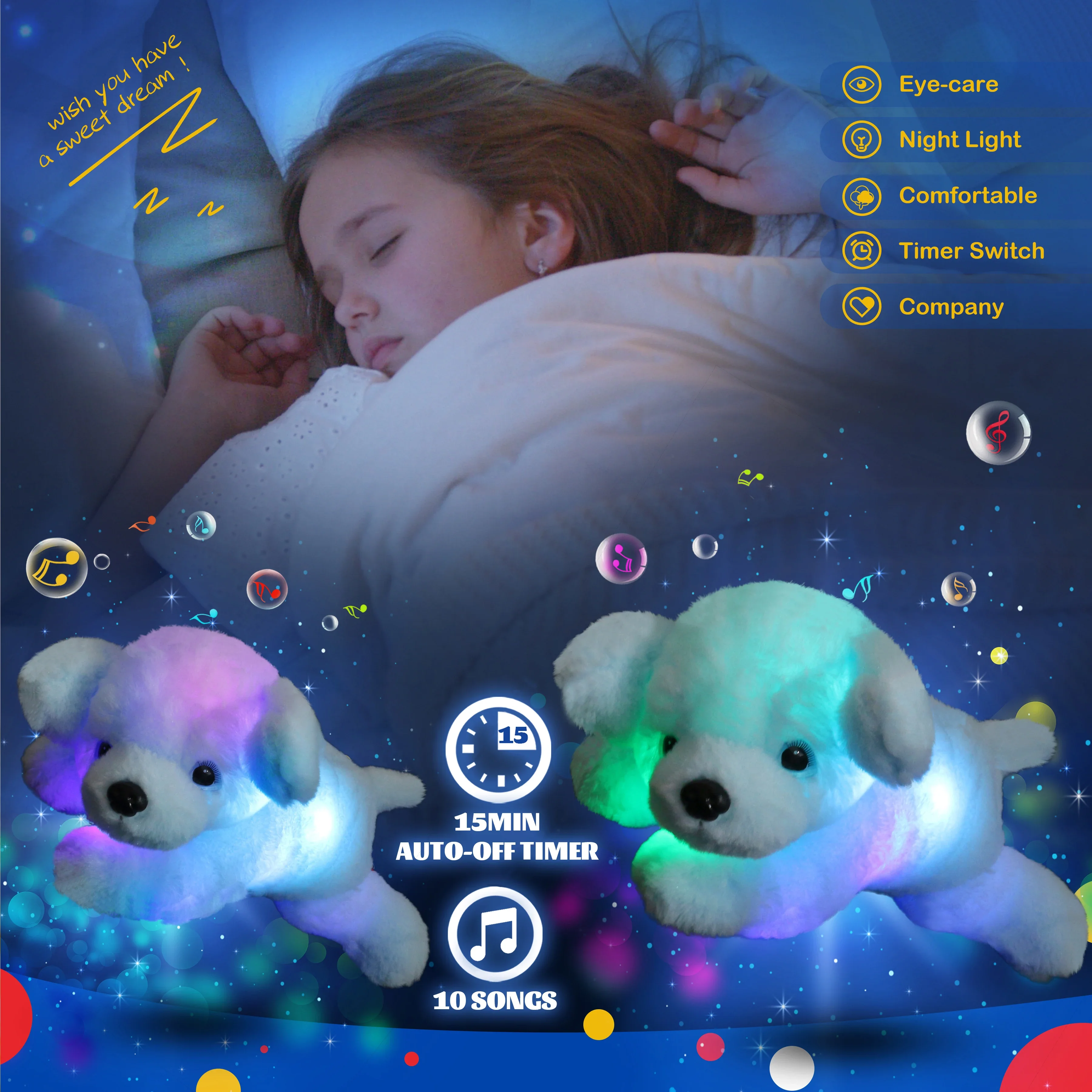 Animais musicais de pelúcia com luz LED para meninas, travesseiro de pelúcia macia com brilho, filhote azul e rosa, presentes para dormir, 38cm