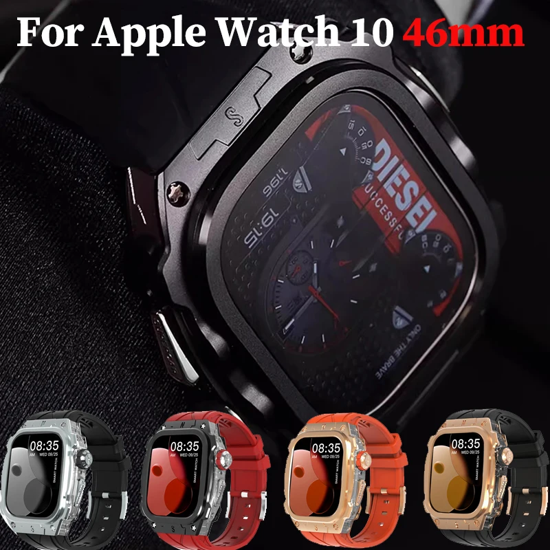 

Роскошный металлический чехол для Apple Watch 10, 46 мм, ремешок с крышкой, прочный силиконовый ремешок для мужчин, полный защитный чехол