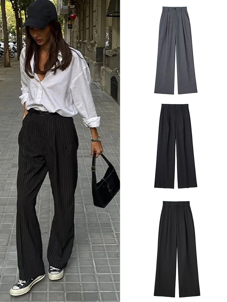 

Новые женские брюки-палаццо в полоску на весну 2026 года, свободные, с высокой талией, карманами, плиссировкой и молнией, для офиса и повседневной носки