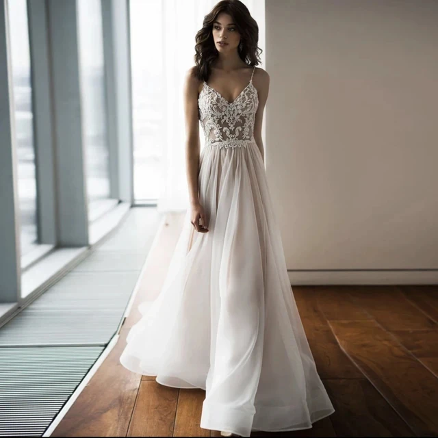 

LISER Boho V-neck Sleeveless Illusion Backless Wedding Dress A-Line Spaghetti Straps 2024 Lace Bridal Gowns Spaghetti Straps