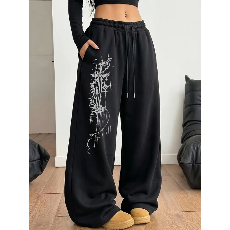 Women's Wide Leg Sports Pants, Gothic Print, Street Style, Y2K Autumn and Winter New Casual Pants