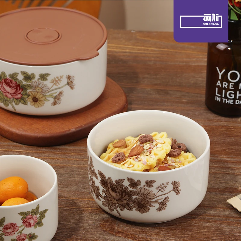 SOLECASA Elegant Rose Pattern Ceramic Lunch Box, Leak-Proof Bento Container for Work, Picnic & Fresh Food Keeping