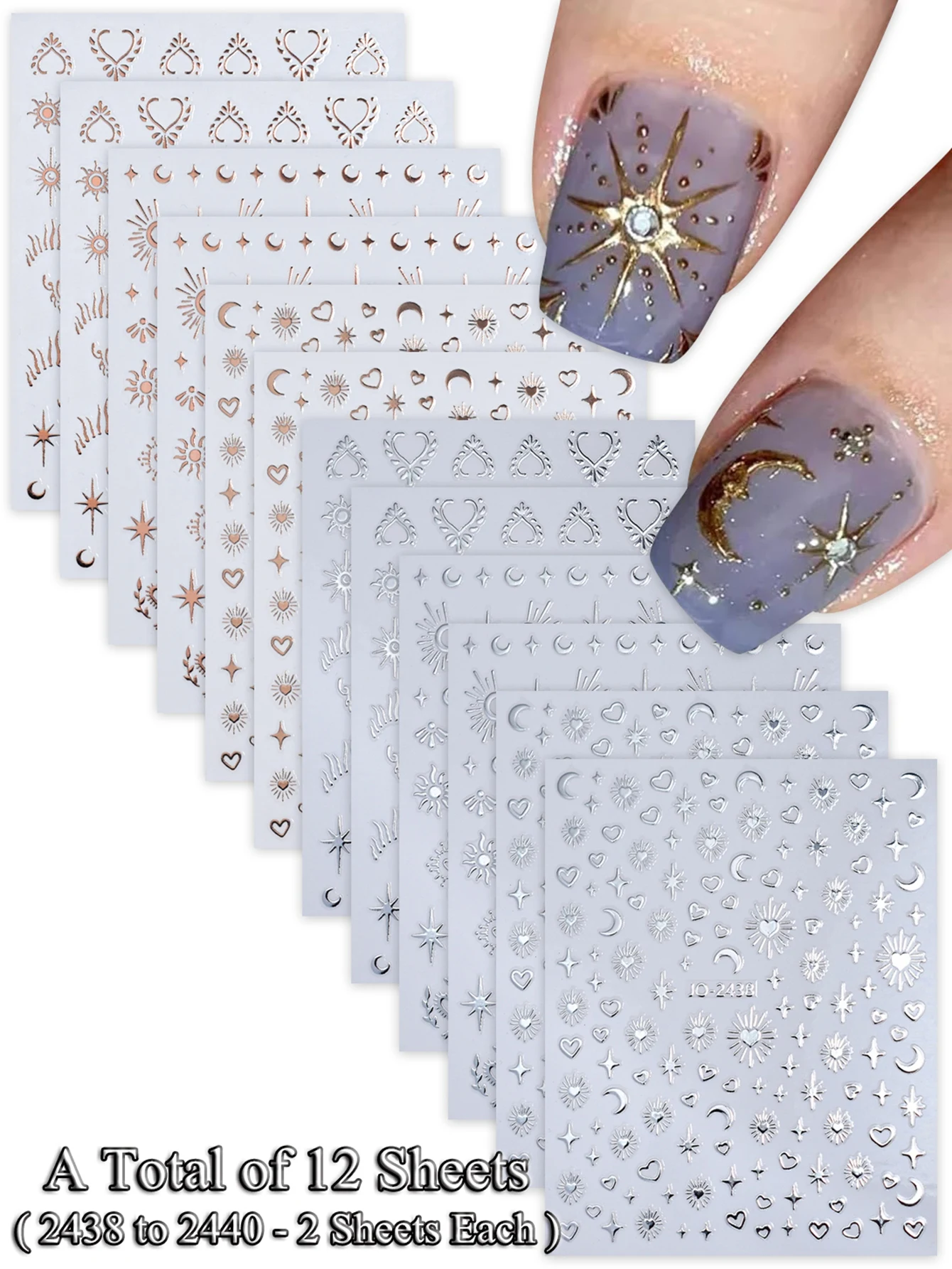 6/12/24 Vellen Gouden & Zilveren Ster, Maan & Hart Nagelstickers, Zelfklevende 3D Nageldecoratie Stickers voor DIY Manicure Decoratie