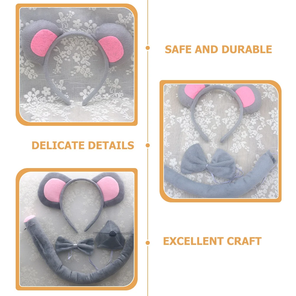 1Set Grey Mouse Headband Accessory Set Soft Flexible Ear Band and Wiggle Tail for Costumes Comfort Secure Fit