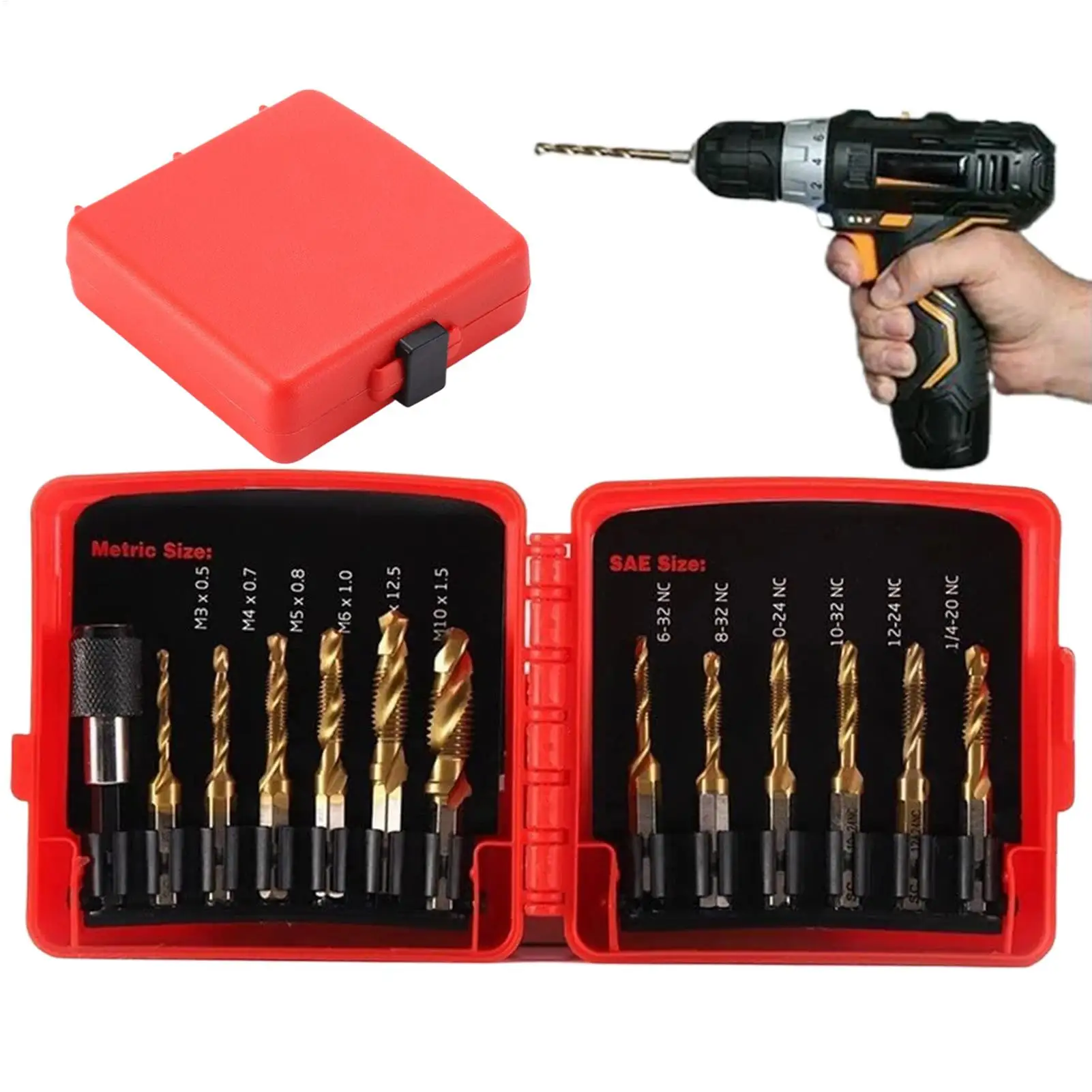 

Combination Drill Tap Bit Set 13 Pieces Titanium Power Tool Accessories Metric Tap Drill Bit Set for Deburring Countersinking