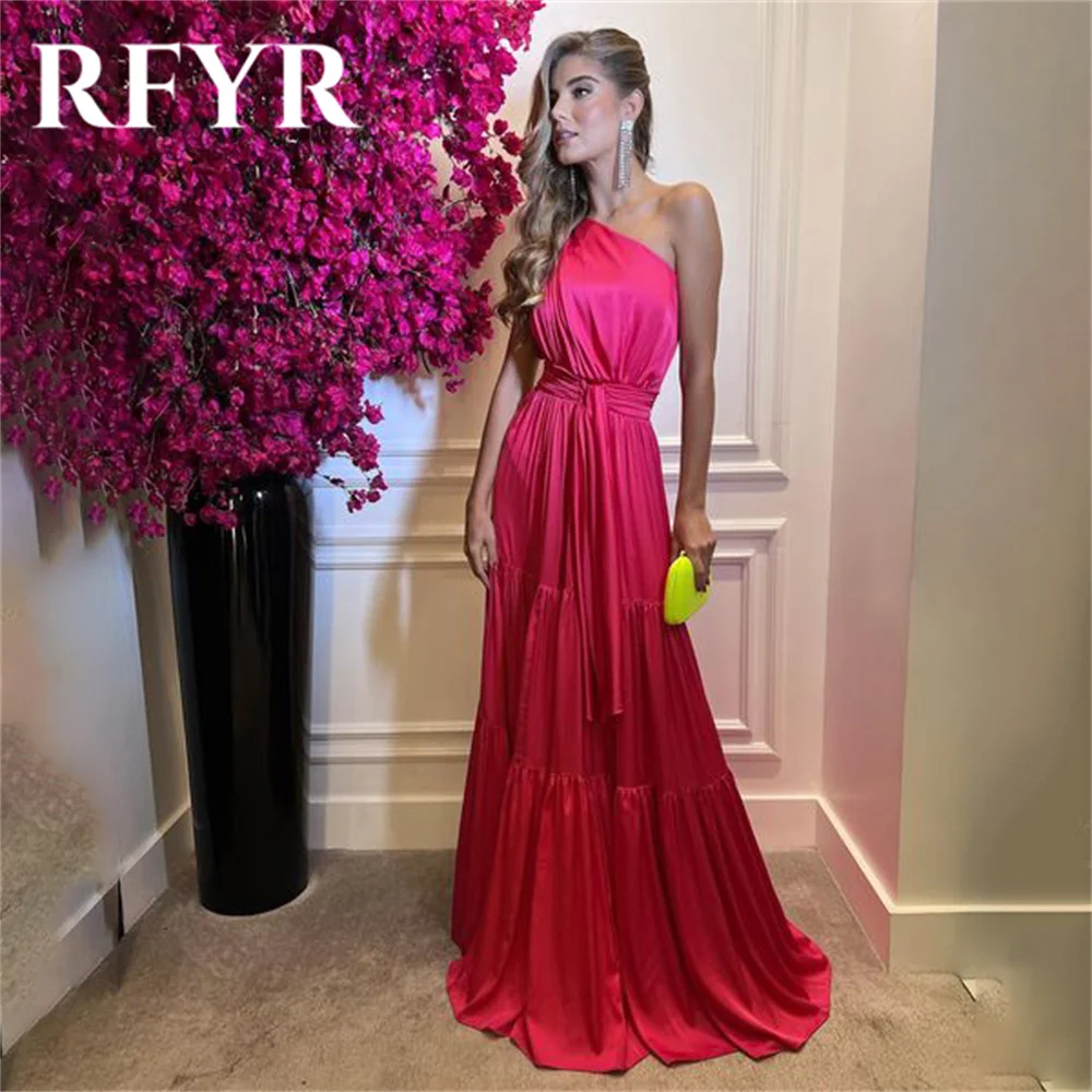 RFYR A Line One Shoulder Evening Dress Charming Fuchsia Stain Prom Dress With Belt Pleat Party Dresses Custom vestidos de noche