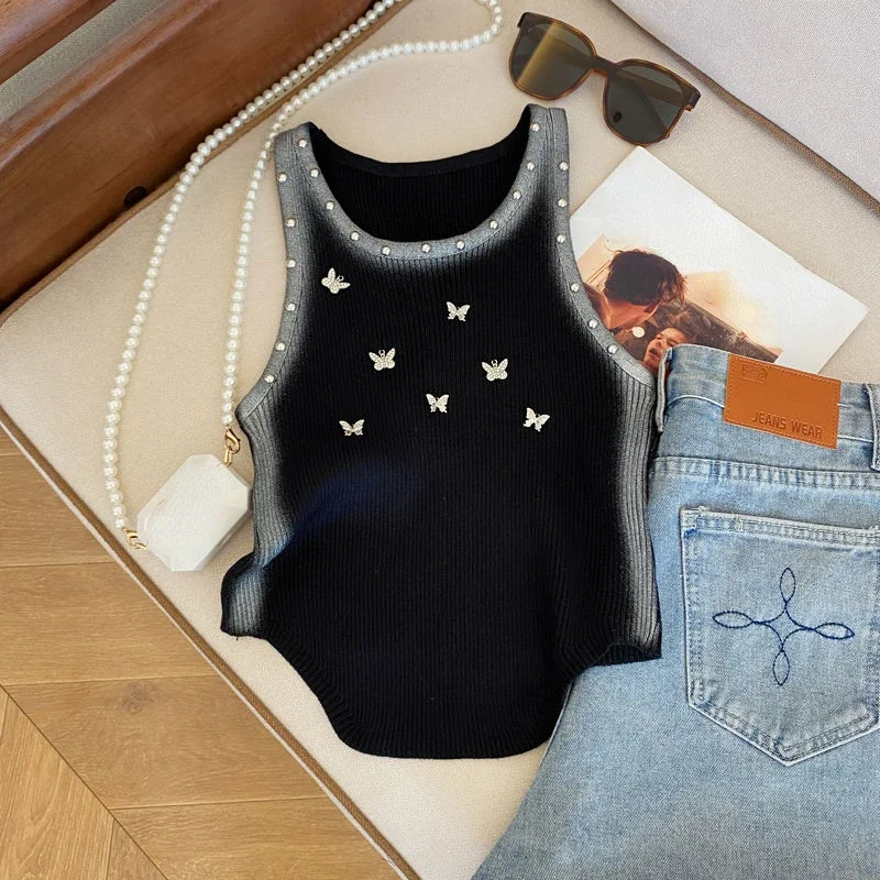 Neploe 2024 Summer New Knitted Vest for Women Fashion Sweet Butterfly Diamond Tank Top Y2k O-neck Sleeveless Tops Mujer