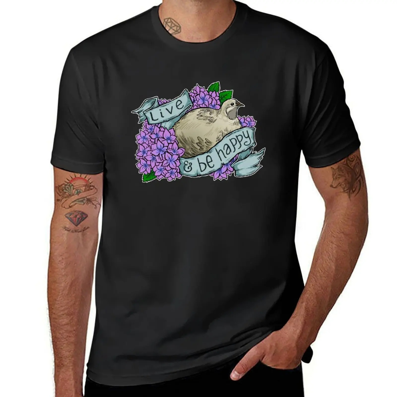 

Live and Be Happy (button quail) T-Shirt hippie clothes customs blanks mens tall t shirts