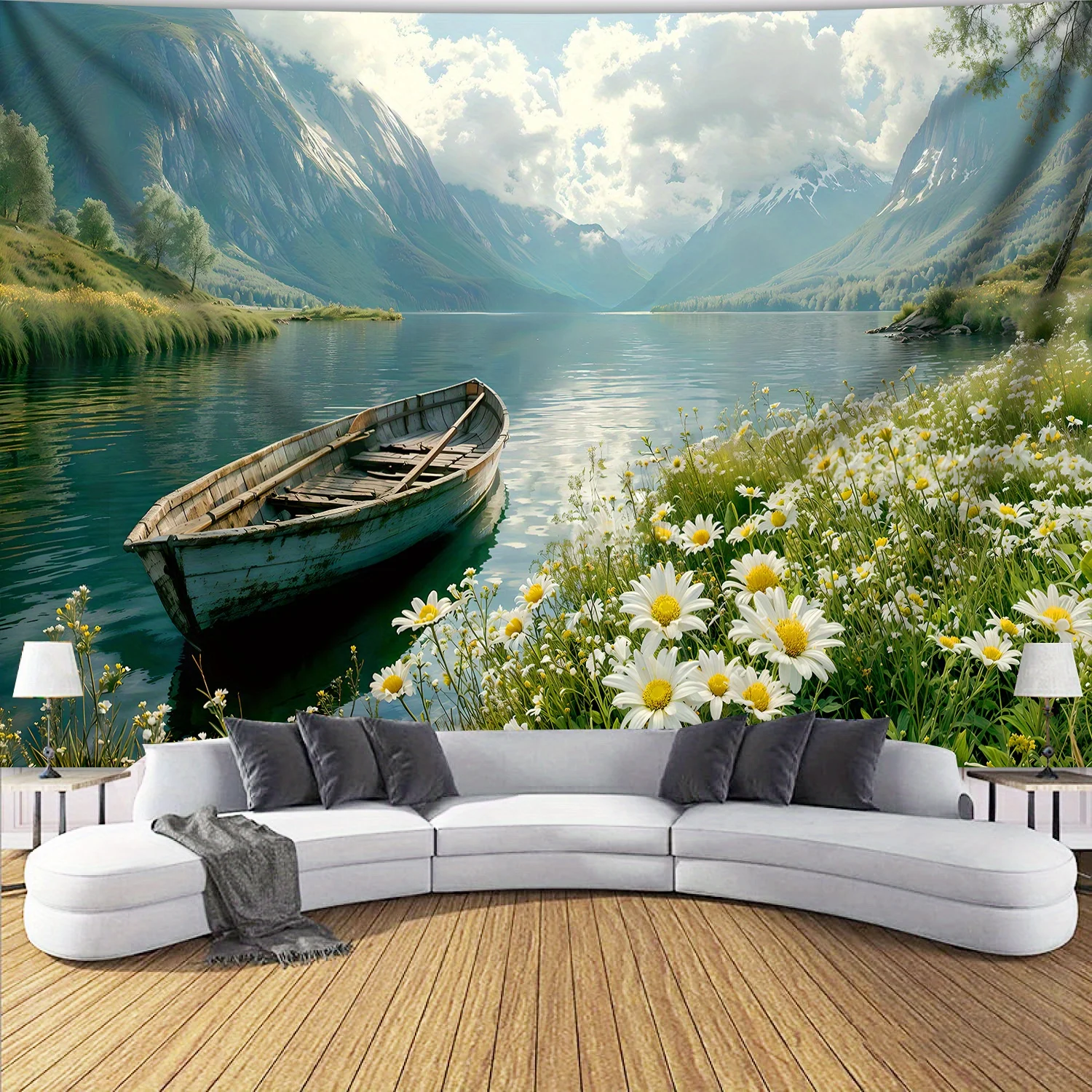 Serene Lake and Mountain Range with Daisy Aesthetic Tapestry - Polyester Print, Tranquil Nature Scene for Living Room, Bedroom,