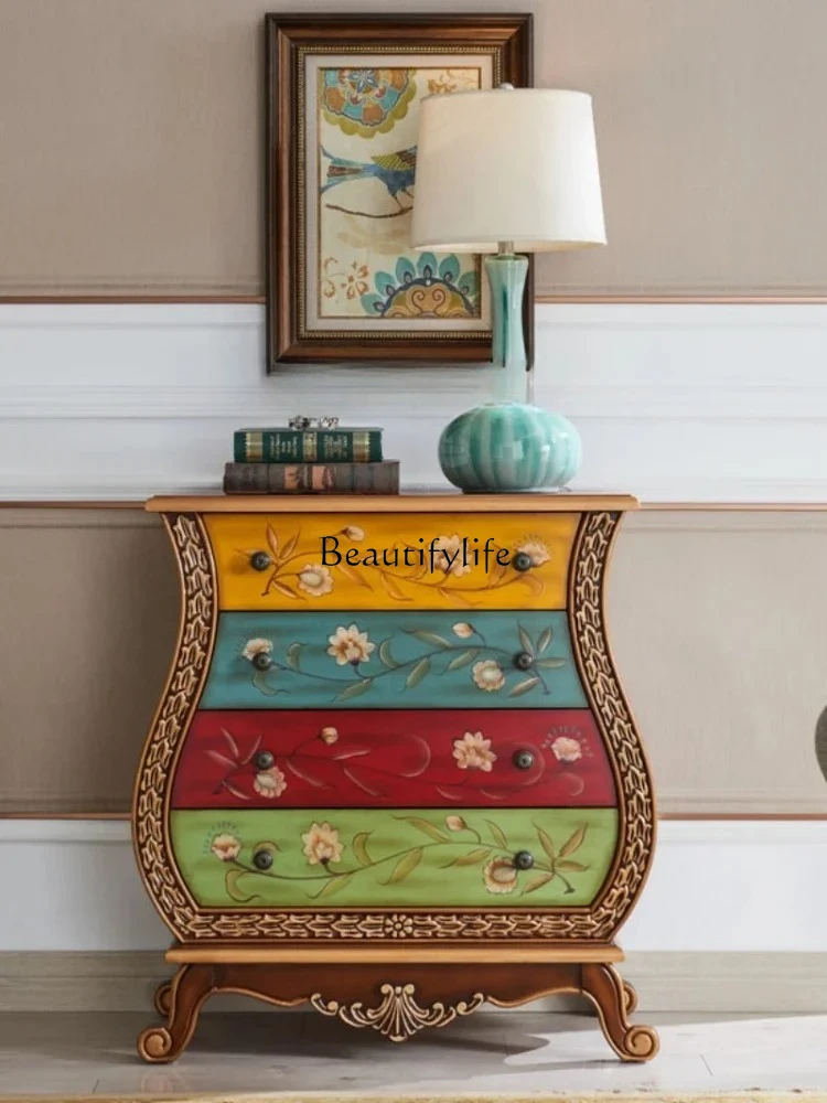 Solid Wood Drawer Chest of Drawers Partition Back Several Wall Living Room Hand Painted Retro Dining