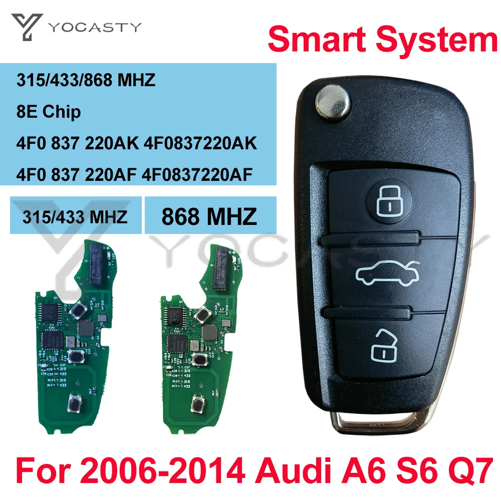 YOCASTY 4F0837220AK 4F0837220AF 4F0 837 220AF Smart Fob Flip Key 8E Chip 315 434 868 MHZ For 2006 - 2015 A6 Q7 S6 RS6 Keyless Go