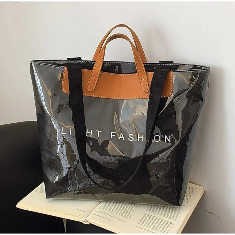 Klare Tragetasche aus PVC-Kraftpapier mit Farbkontrast, luxuriöse Vintage-Hobo-Umhängetasche, wasserdichte Shopper-Handtasche mit Buchstaben oben – Detail 28