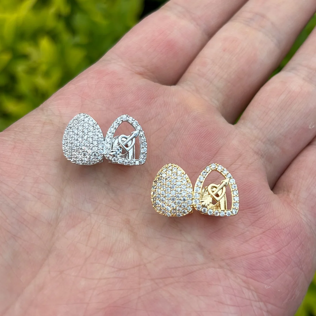 RACHELZ Hip Hop doble amor corazón hueco circón dientes Grillz 14K chapado en oro CZ piedra tapas de dientes para Mujeres Hombres pareja joyería