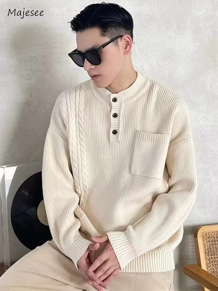 

Asymmetrical Sweaters Men Solid Pocket Temperament Hipster Korean Style Autumn Winter Stylish Tender Harajuku Baggy Cozy Casual