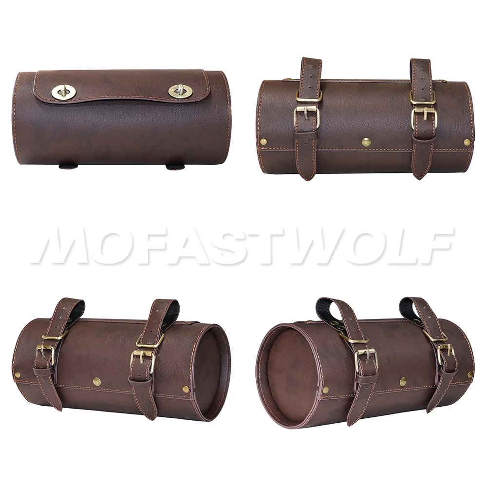 Universal Motorcycle Waterproof PU Leather Retro Cylinder Front and Rear Hanging Bag Tool Storage Bag Saddle Bag Outdoor Travel 6