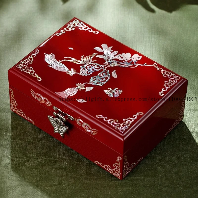 

Роскошная лаковая шкатулка для драгоценностей с инкрустацией перламутром, свадебный подарок из цельного дерева, элегантное хранилище для колец, ожерелий, браслетов