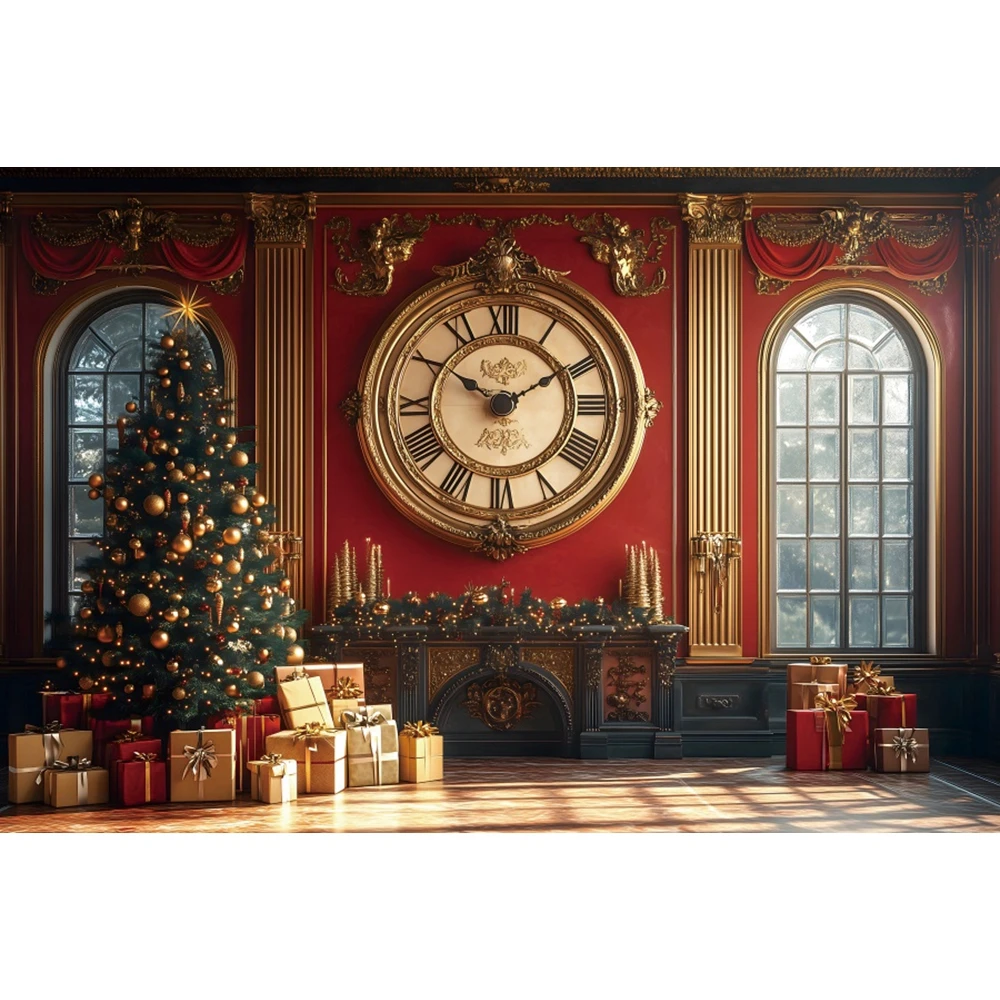 Retro Wall Christmas Clock Backdrops XMAS Tree Gifts Baby Photo Photographic Family Party Photography Background Photo Studio