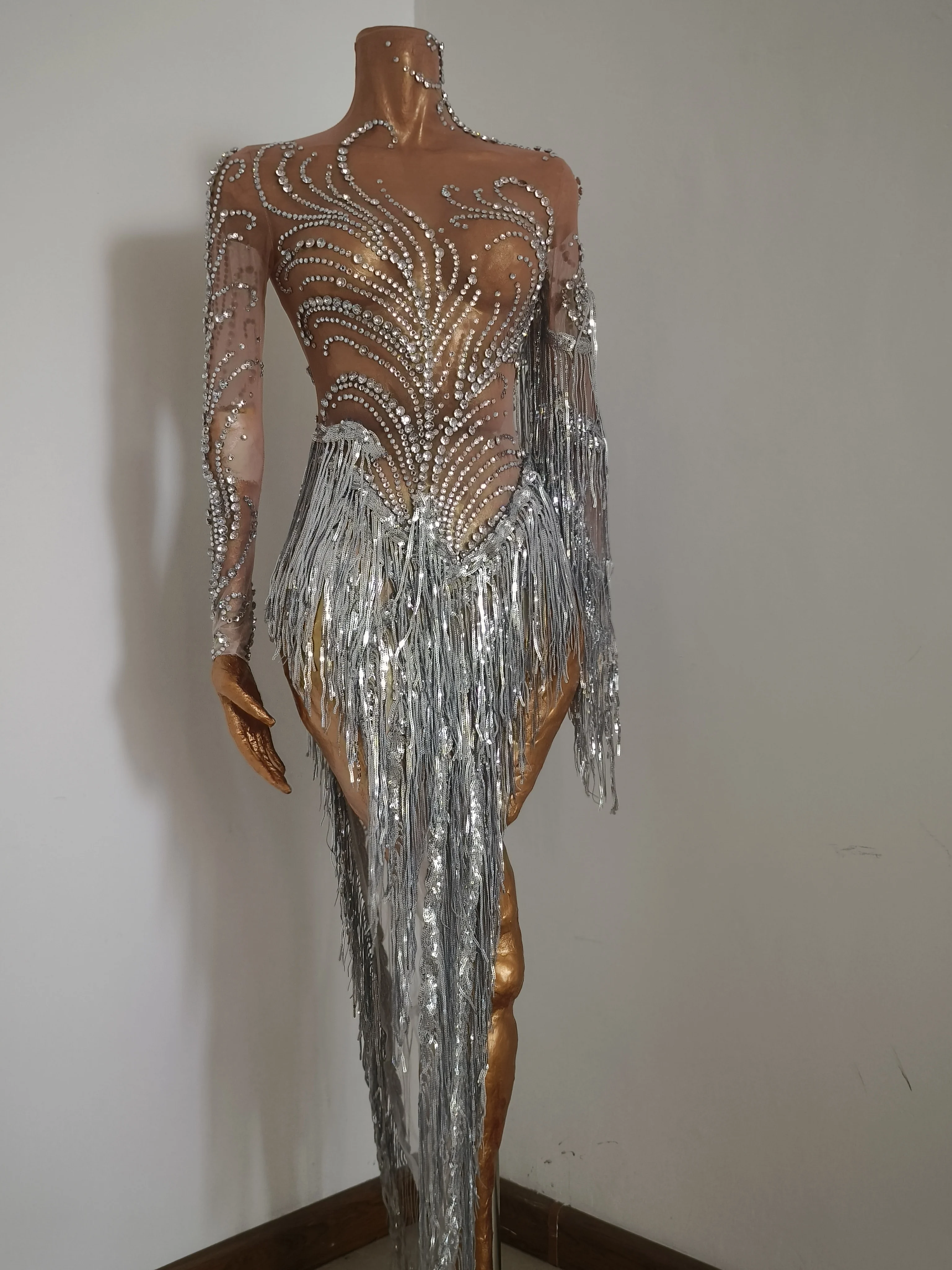 Robe transparente en maille transparente pour femmes, strass scintillants, paillettes, pompon, soirée, fête d'anniversaire, discothèque, danse, chanteur, tenue de scène