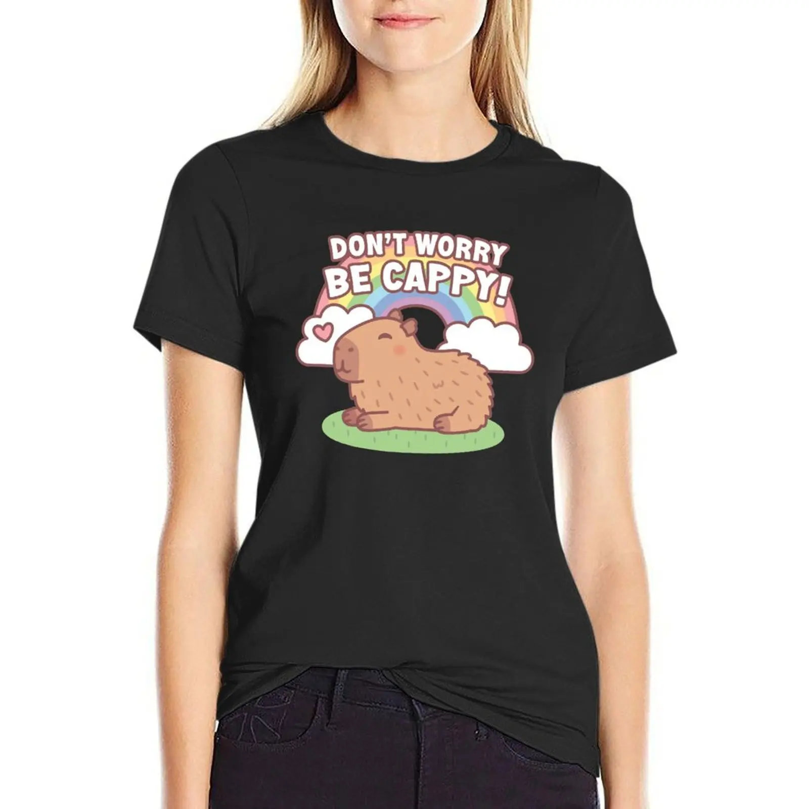 Cute Capybara And Rainbow, Don't Worry Be Cappy T-Shirt summer clothes shirts graphic tees hippie clothes clothes for woman