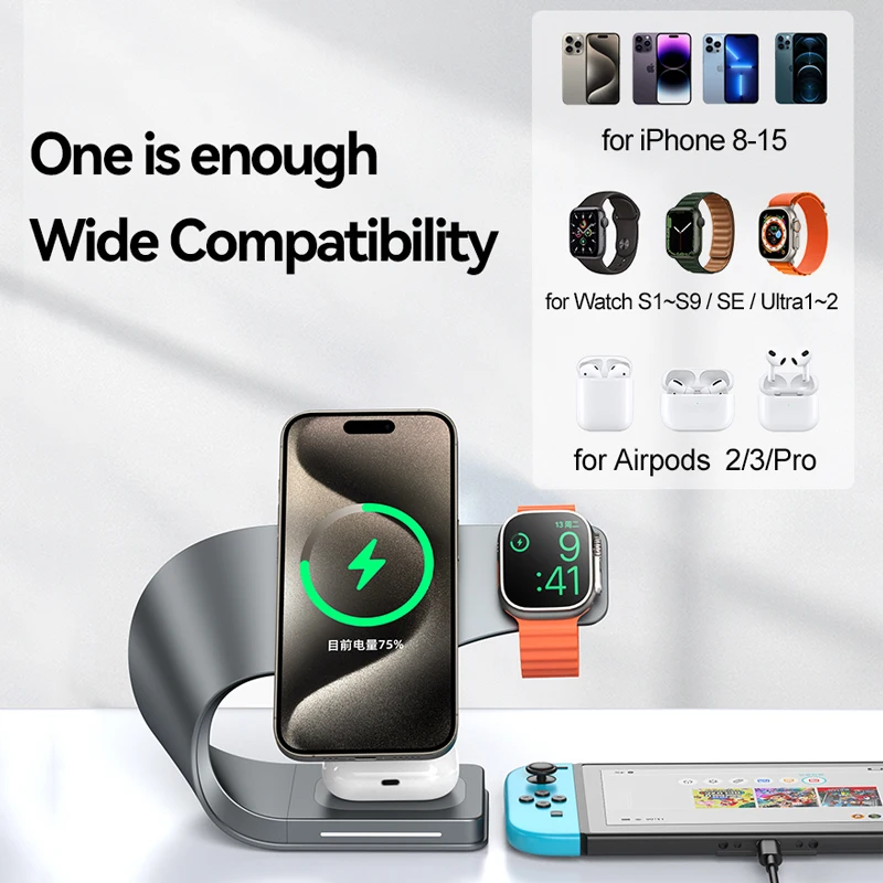 Chargeur sans fil 4 en 1 avec coque en métal, station de charge rapide magnétique, support S6, Apple Airpods Watch, iPhone 15, 14, 13, 12