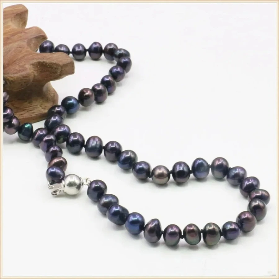 7-8mm Black Natural Fresh Water Pearl Necklace Women Girl Beads Neckwear Hand Made Jewelry Making Design Silver Color Mine Clasp
