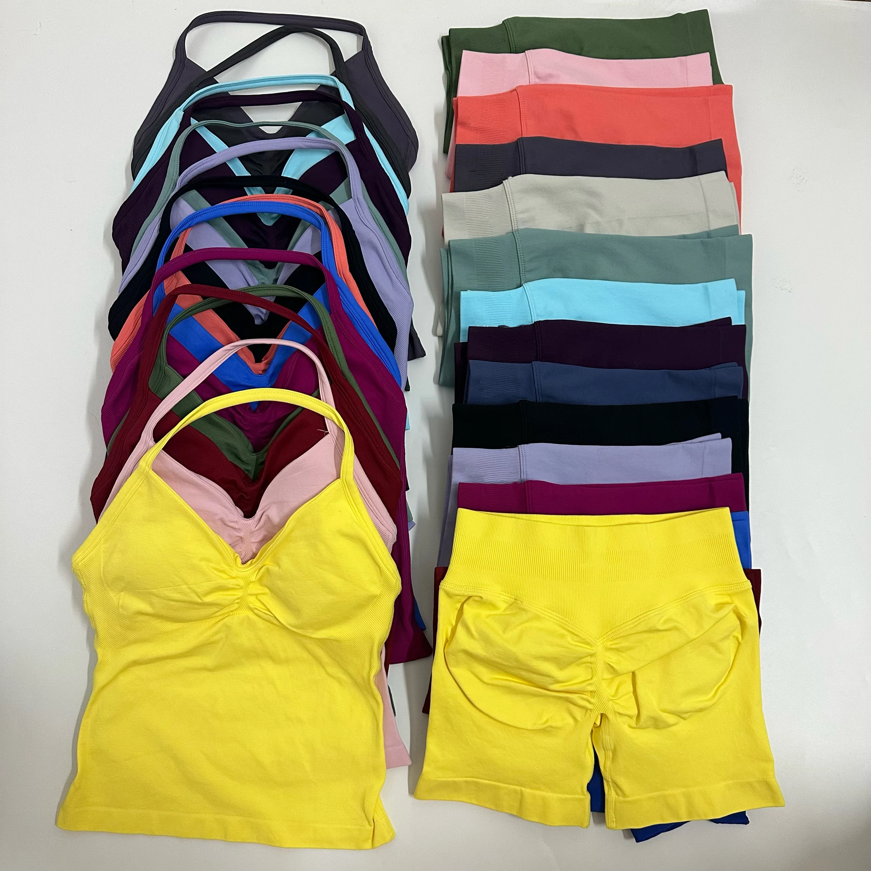 LAXSESU Women 2 Pieces Seamless Gym Clothes Strappy Long Line Tank Top Scrunch Booty Shorts Summer Training Running Workout Yoga