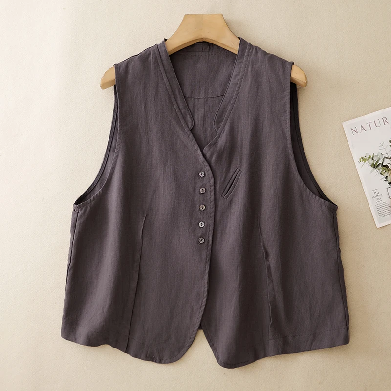 Ladies' Cotton Linen Vest Summer Thin V-neck Fashionable Outerwear Regular Length Single Button Closure Pure Color Commute Style