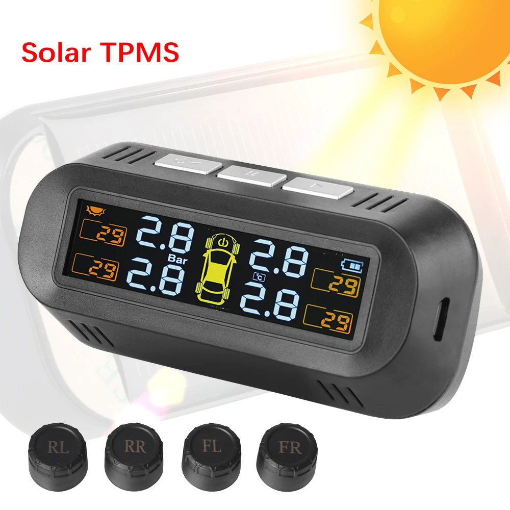 

Digital LCD Display Car TPMS Auto Security Alarm Systems Solar/USB Powered Tire Pressure Monitoring System