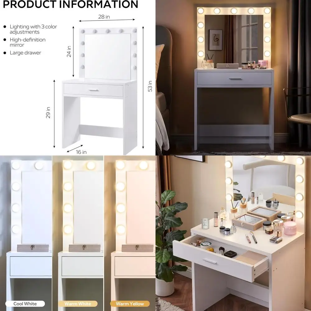 

Белый туалетный столик для спальни с зеркалом с подсветкой, ящиками для хранения и скамейкой