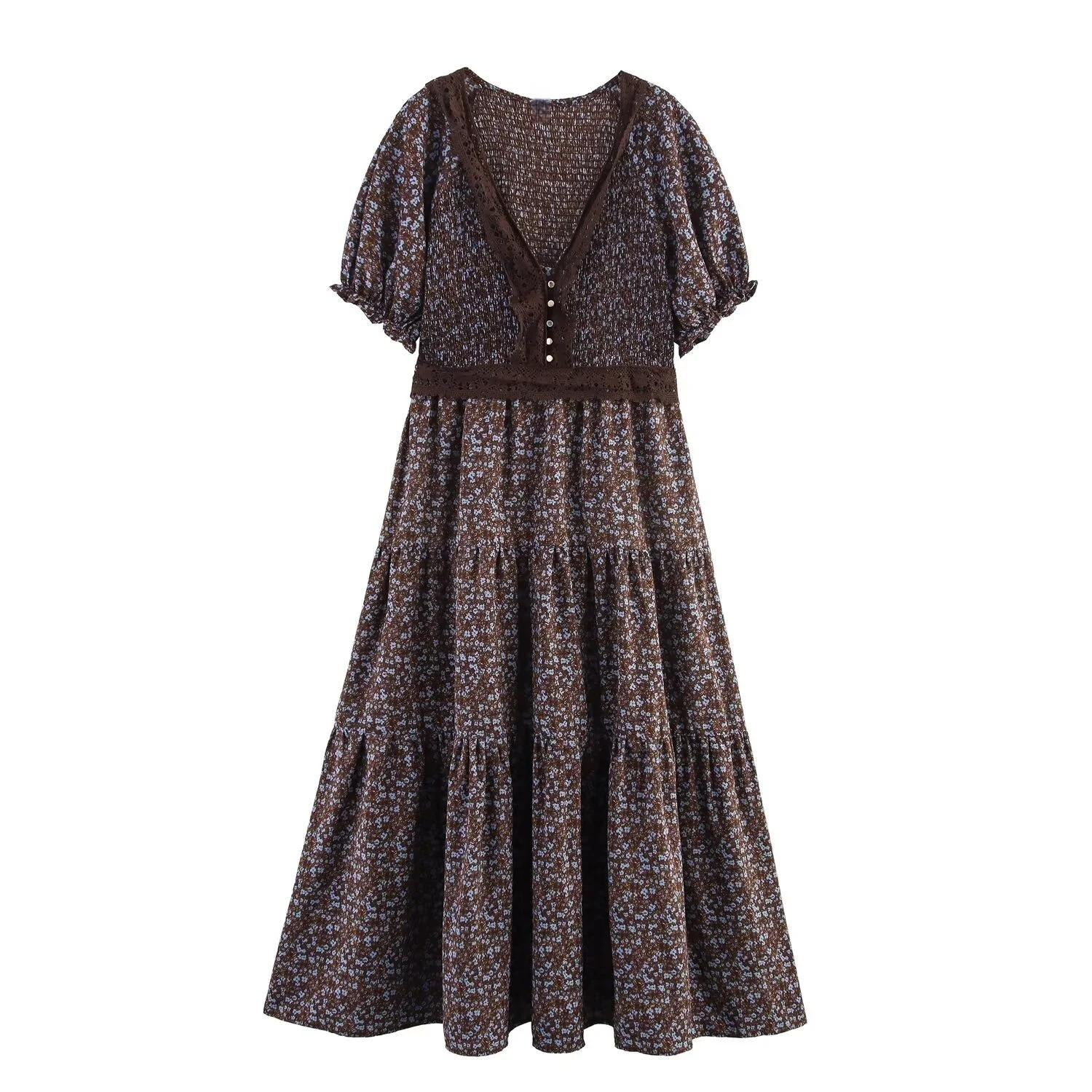 

BM&MD&ZA Womens Plus - size Casual Elegant V - neck Puff - short - sleeved Floral Mid - length Dress with Patchwork Lace