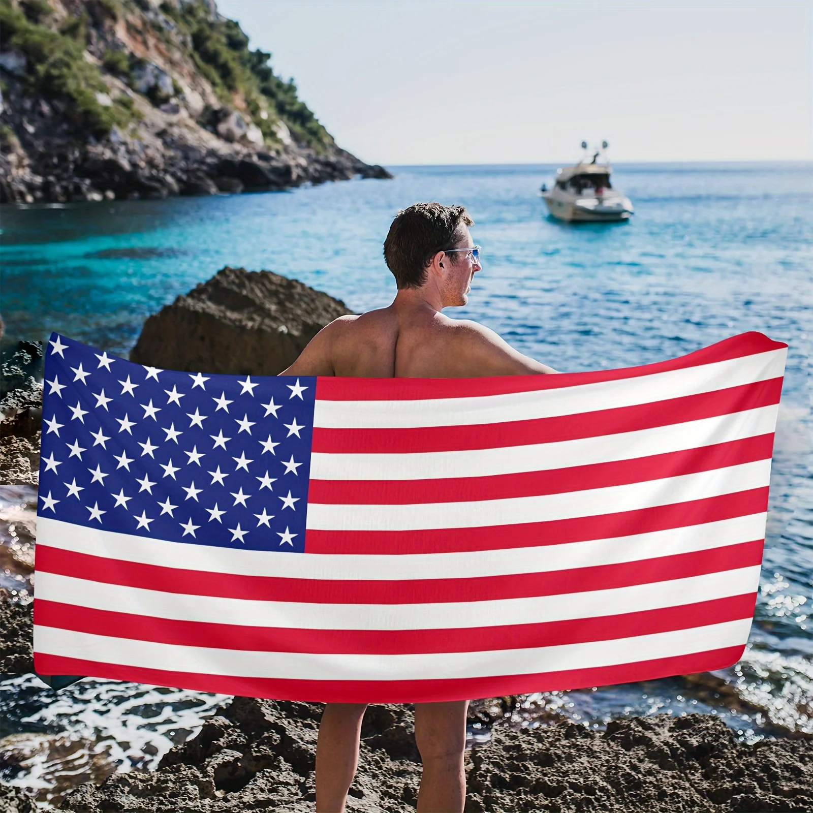 Independence Day American Flag Towel Soft Quick-Dry Bath Beach Towel with Flag Design Stars Stripes Pool Accessory