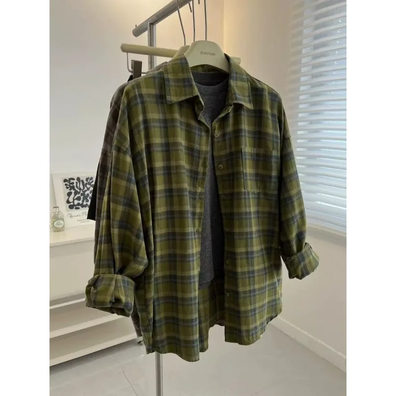 

Fashionable Brushed Retro Green Plaid Long-sleeved Shirt for Women Loose Layered Outer Wear Lazy Autumn and Winter Large Size