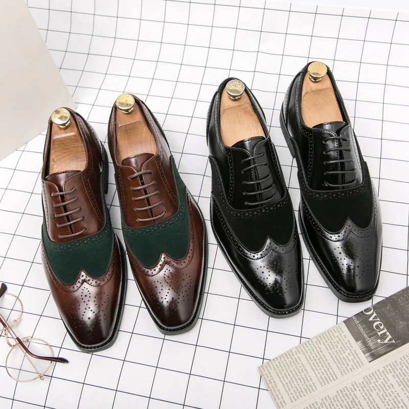 New Genuine Leather Bullock Luxury Brand Men Casual Designer Carved Pointed Toe Mens Italian Wedding Business Office Dress Shoes