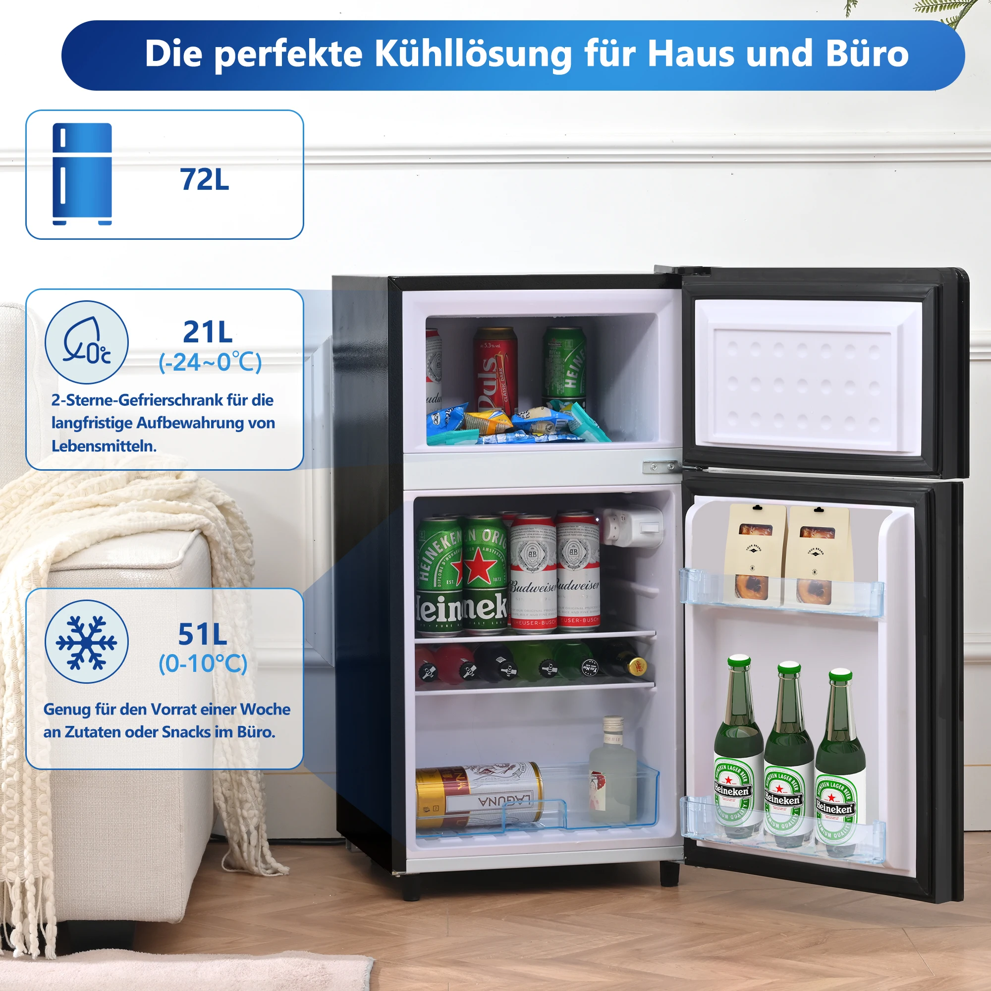 EU 72L mini refrigerator, black 39dB, Level 7 temperature control, LED lighting, R600 refrigerant 120kWh/ year