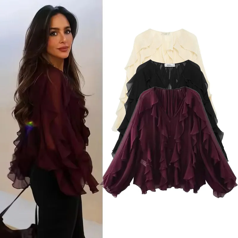 

PRINTKAOIR Ruffle Womens Blouses Semi Sheer Casual Blouses Woman Spring Fairy Shirts and Blouses for Lady Long Sleeve Tops Woman