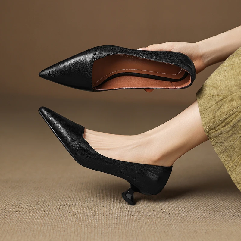 2026 new spring autumn women pumps natural leather 22-26.5cm sheepskin+pigskin pointed toe high hee loafers women shoes fashion