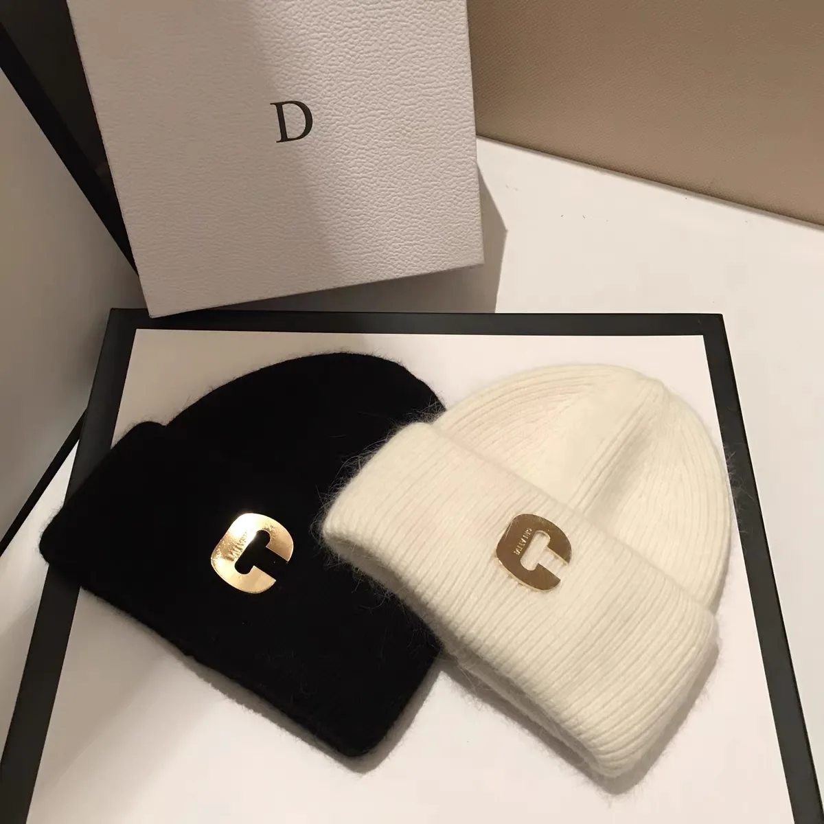 

Rabbit hair knitted hat small fragrance C word fashion tide brand head cap cold winter thickened warm ear protection wool cap