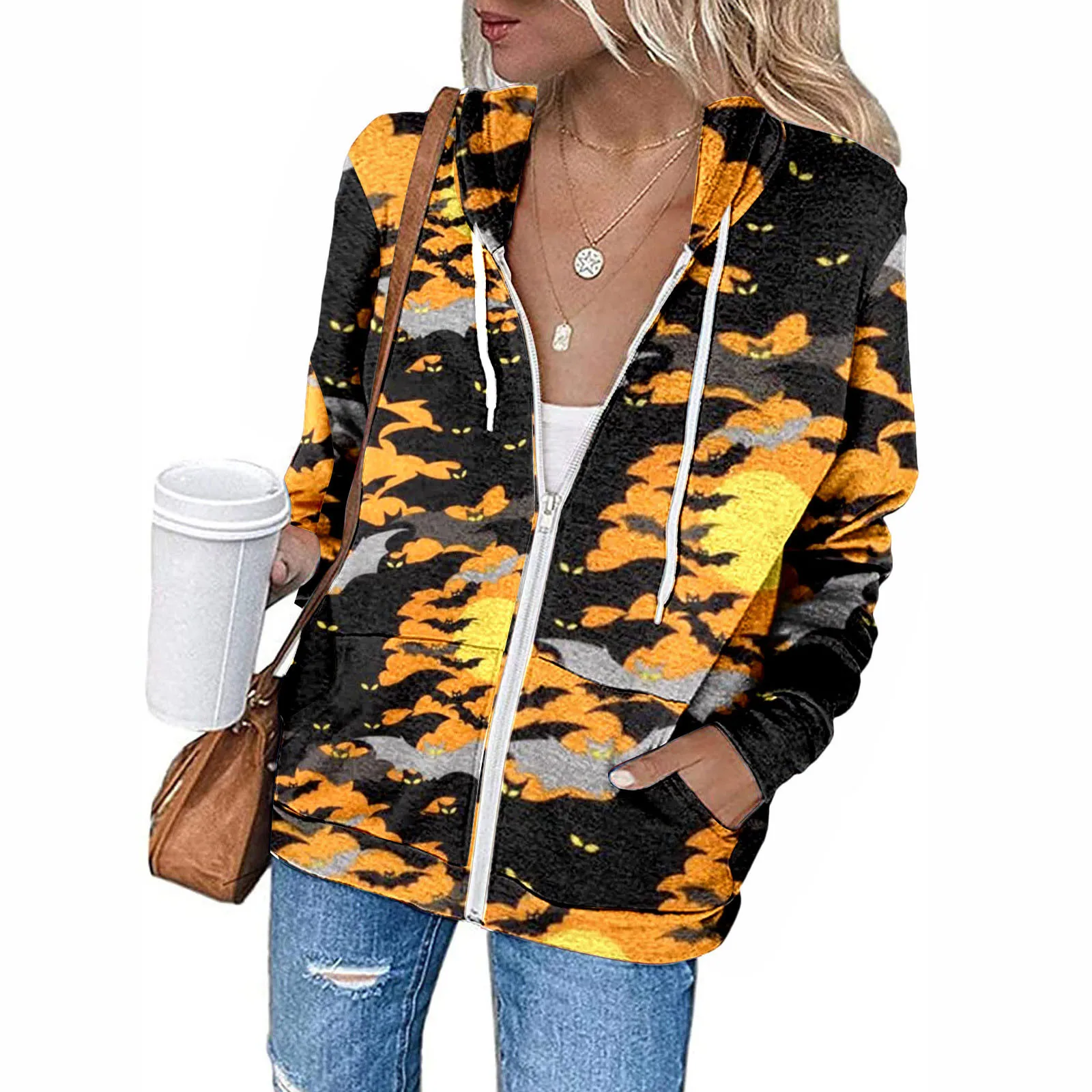 Damska kurtka z nadrukiem Halloween Trend Drawstring Hooded Long-Sleeved Zipper Hoodie Casual All Match Warm Coats Plus Size Tops