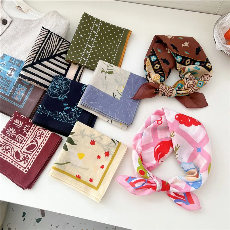 56cm Geometric Flower Scarves Neckerchief for Women Square Scarf Kerchief Bandanas Headband Hair Band Neck Ornament Ribbon Wraps