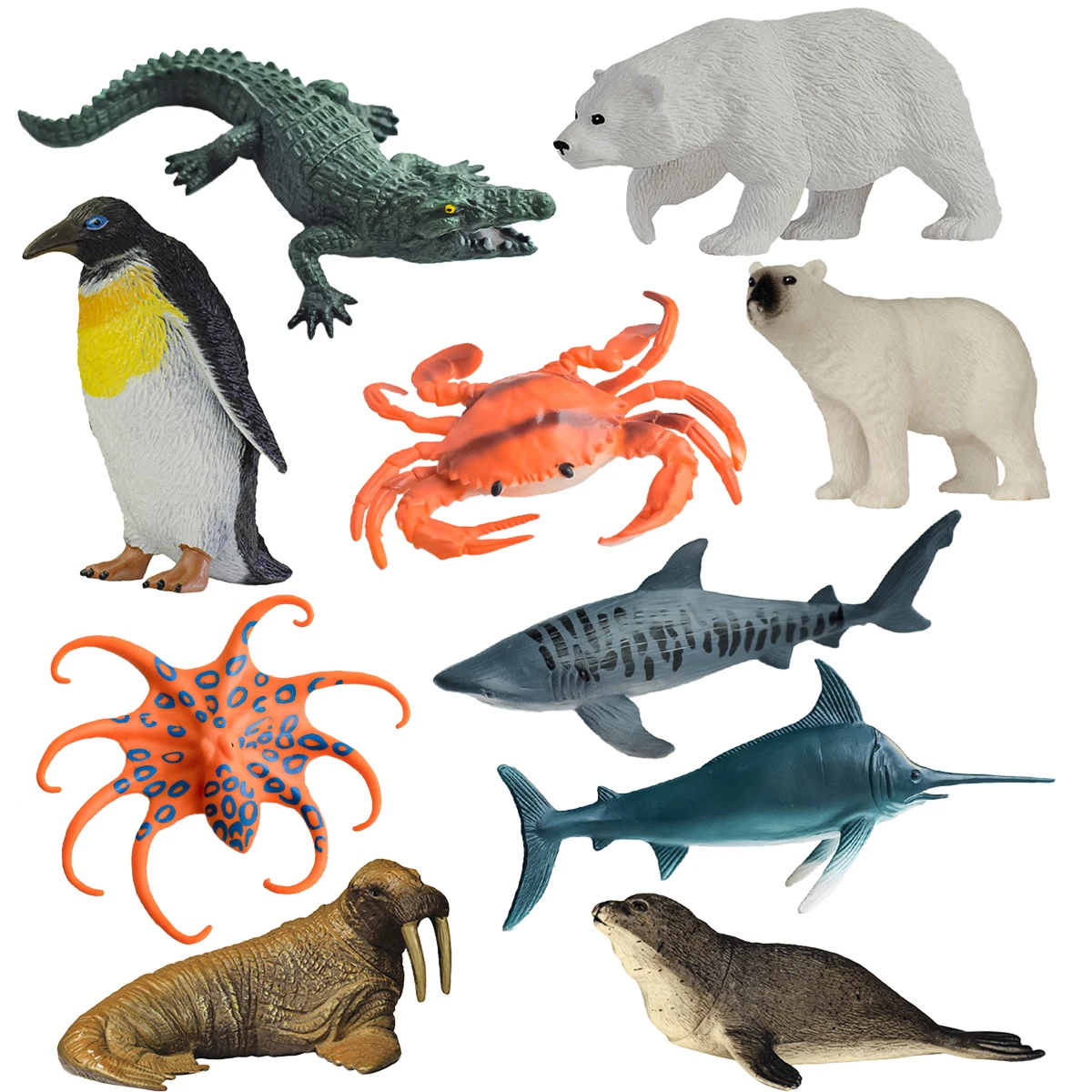 10-Piece Aquatic Ecological Simulation Animal Set | Parent-child interactive cognitive toys | Kindergarten Teaching | Decorative ornaments | Children's Birthday Party Holiday Gifts | Penguin, crocodile, seal, crab