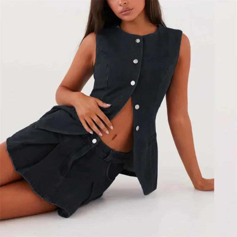 Vintage Women Sleeveless Single-breasted Cardigan Tops Denim Two Piece Sets Short Skirt Female Suits Summer Casual Streetwear 24