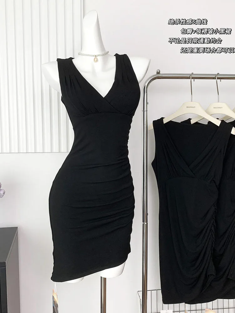 American Style Black Sexy Slim Sheath Dress Women V-Neck Wrap Hip Mini Camisole One-Piece Frocks Autumn 2024 Chic Evening Dress