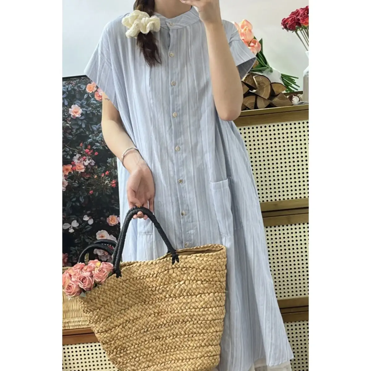 Blue striped short sleeves shirt dress for women\'s summer new loose mid length skirt casual temperament two-piece set for women