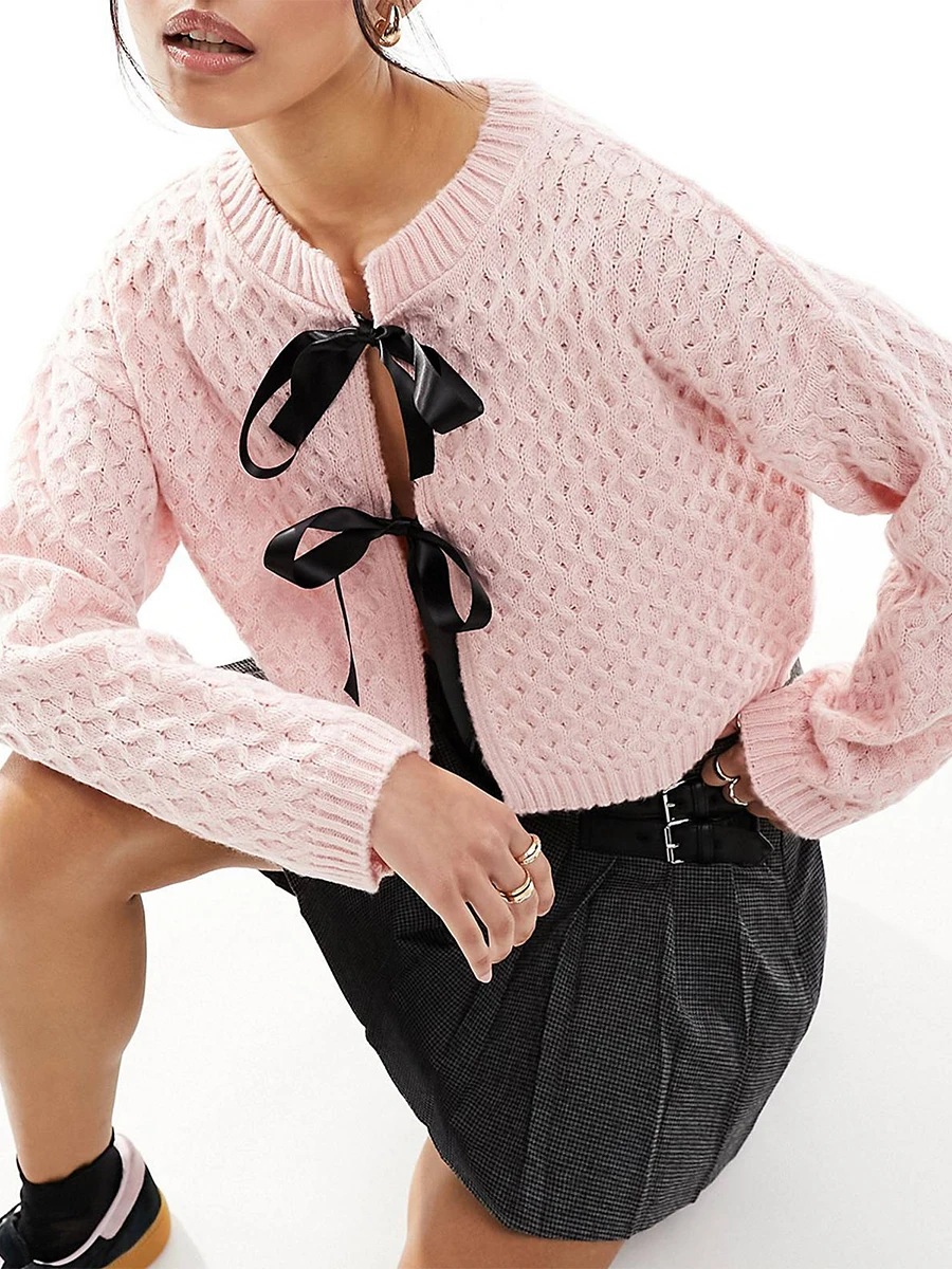 Y2k Knit Cardigan 2024 Autumn New Women\'s Casual Fashion Versatile Vintage Sweet Bow Decoration Knitted Sweater Streetwear