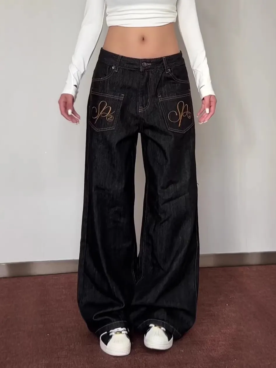 

High Waist Straight Leg Jeans Women's Retro Design Embroidery Slimming Long Pants Casual Style Pure Color High Waist