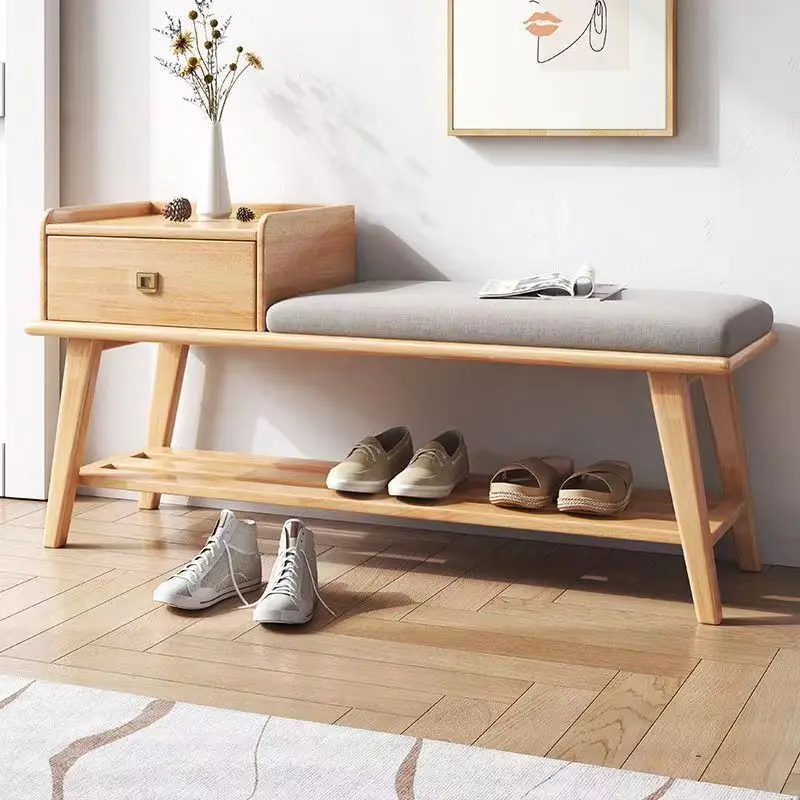 Solid wood household entrance shoe rack, modern and storable shoe bench