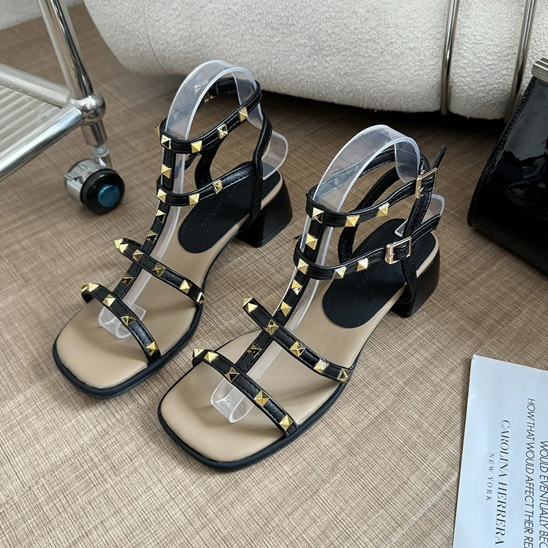 Rivet Sandals Women\'s 2024 Summer Temperament Fashion One-word Belt Mid-heel High-heeled Open Toe Shoes