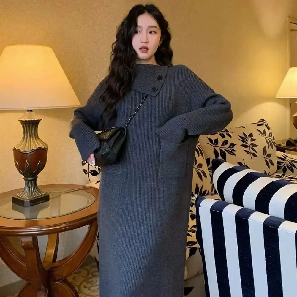 Korea High-Neck Slant-Button Long-Sleeved Sweater Dress Women Spring Autumn New Style Lazy Style High-End Long Skirt