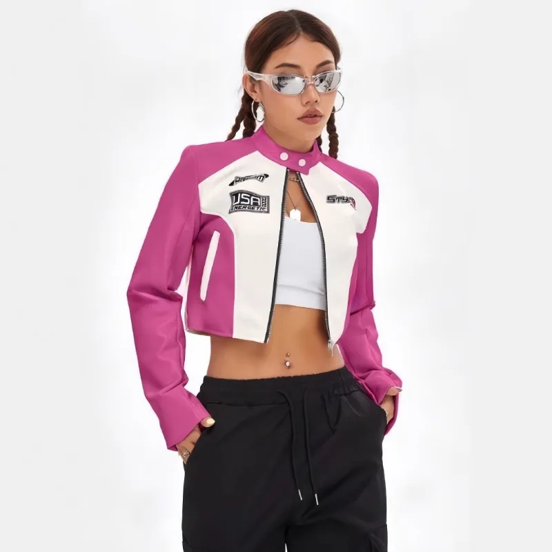 Women's Autumn/Winter Top Coat Imitation Leather Cardigan Stand-up Collar Color Blocking Letter Print Casual Design Fashion New