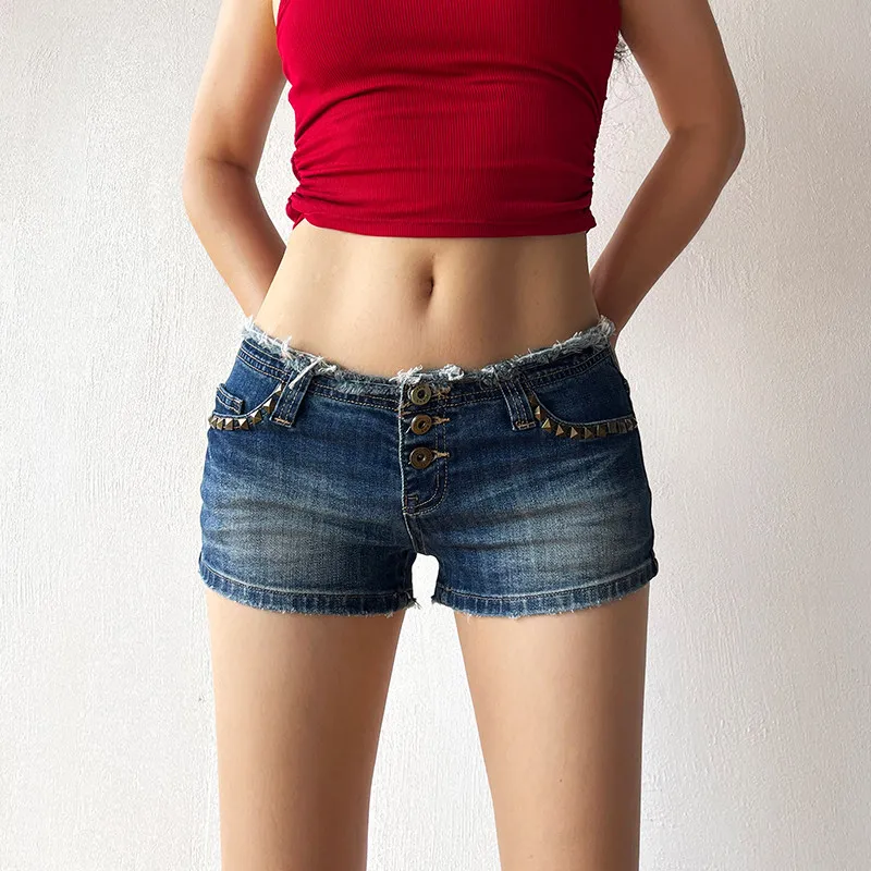 New Y2K Harajuku Fashion Denim Shorts Female Retro Slim Rivet Trimmed Jean Shorts Spicy Girls Leisure Streetwear Summer Hot Pant